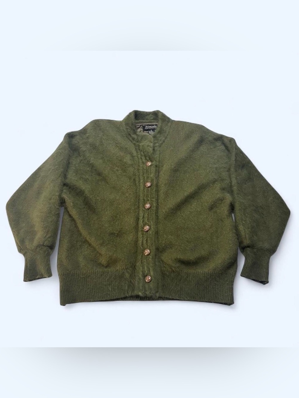 Vintage Venesha Angora Knit Cardigan Jacket Sweater Small Olive Green Fuzzy - Picture 1 of 7